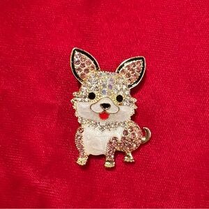 Cute Chihuahua Dog Brooch with Iridescent Crystals & Enamel Gold Tone